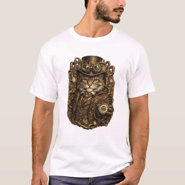 Elegant Steampunk Katt | Viktoriansk Mekanisk T Shirt (Framsida)