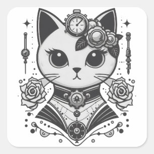 Elegant Steampunk Victorian Cat Fyrkantigt Klistermärke