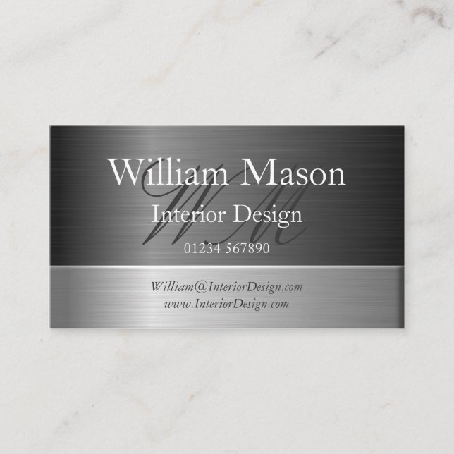 Elegant Steel Effect Monogram-Affärskort Visitkort (Framsida)