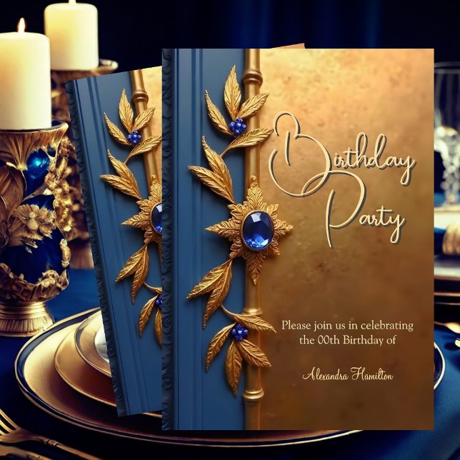 Elegant Steel Royal Blue Guld Ornate Birthday Inbjudningar (Skapare uppladdad)