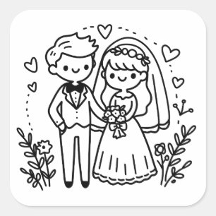 Elegant Stick figur Bride och Groom Bröllop Fyrkantigt Klistermärke
