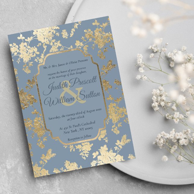 Elegant Stil Dusty Blue Guld Blommigt Bröllop Inbjudningar (Elegant Style Dusty Blue Gold Floral Wedding )