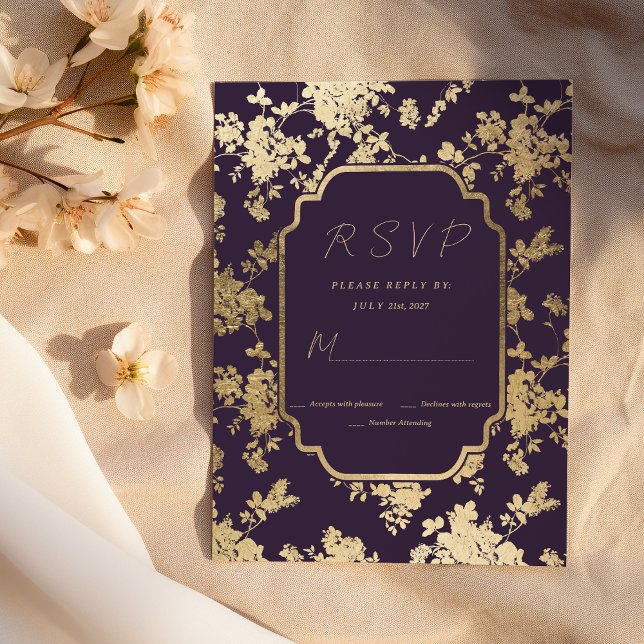 Elegant Stil Mörk Lila Guld Blommigt OSA  Inbjudningar (Elegant Style Dark Purple Gold Floral RSVP )
