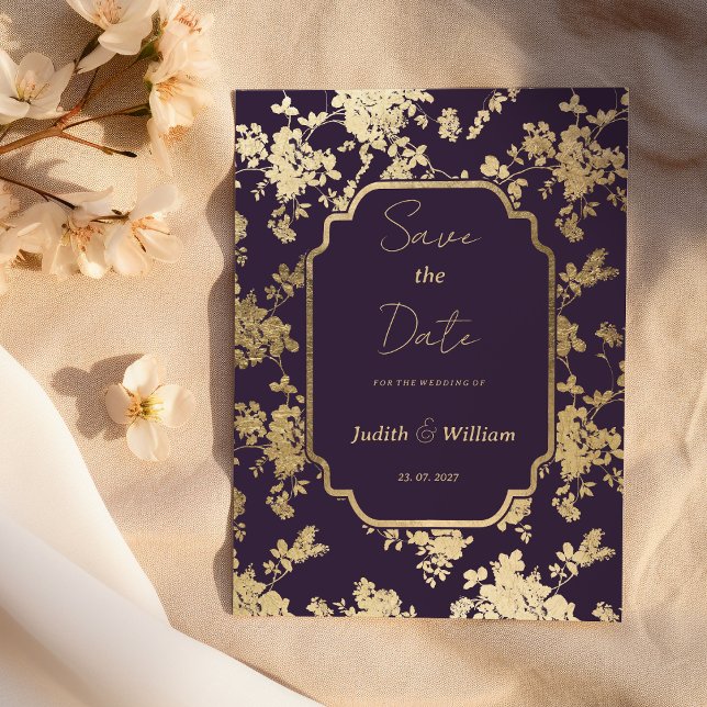 Elegant Stil Mörk Lila Guld Flora Spara datum Inbjudningar (Elegant Style Dark Purple Gold Flora Save the Date )