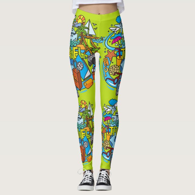 Elegant stil tecknad teckning som reser Neon Leggings (Framsida)