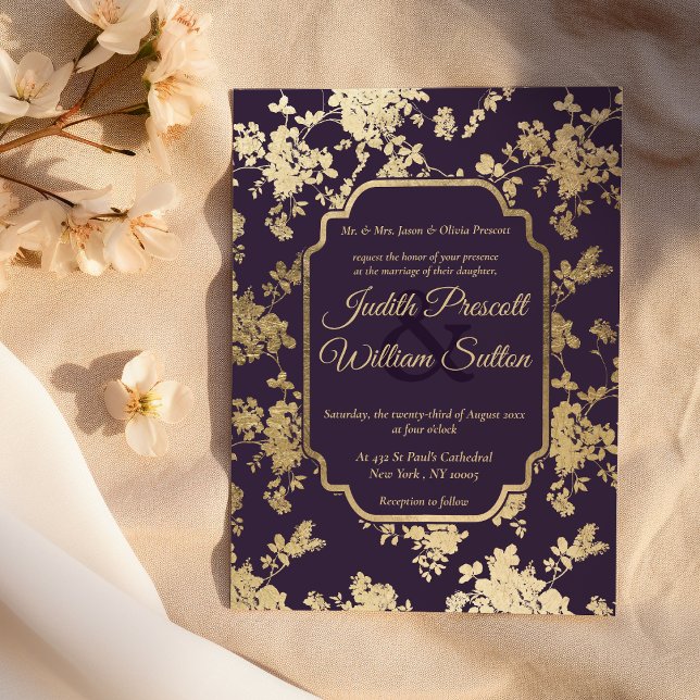 Elegant Stil Tolopea Lila Guld Blommigt Bröllop Inbjudningar (Elegant Style Tolopea Purple Gold Floral Wedding )
