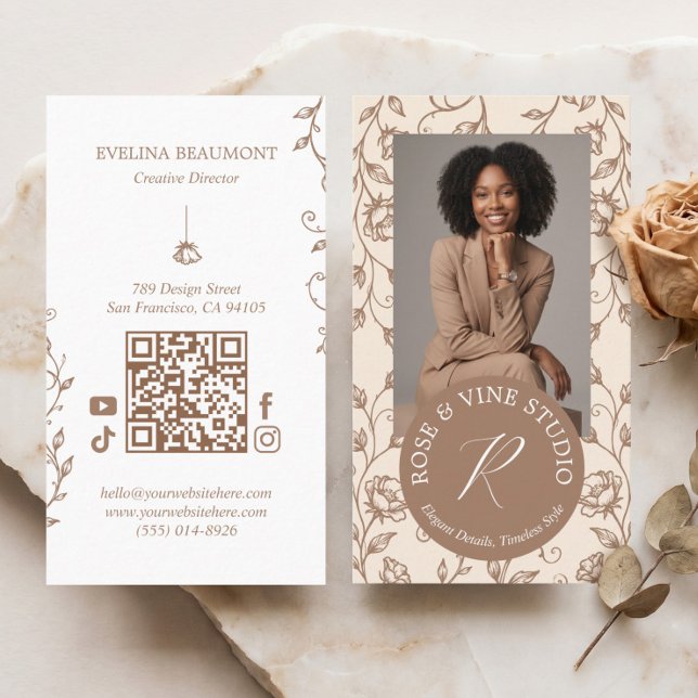 Elegant Stil Vildblomma Blommig Monogram Foto Visitkort (Elegant Style Wildflower Floral Monogram Photo Business Card)