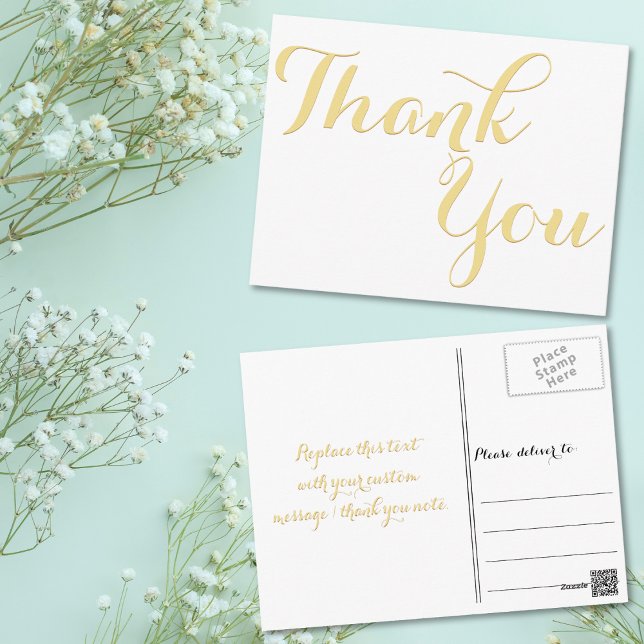 Elegant Stilfull Falsk Guld Skrift Vit Tack Vykort (Elegant Stylish Faux Gold Script White Thank You Postcard)