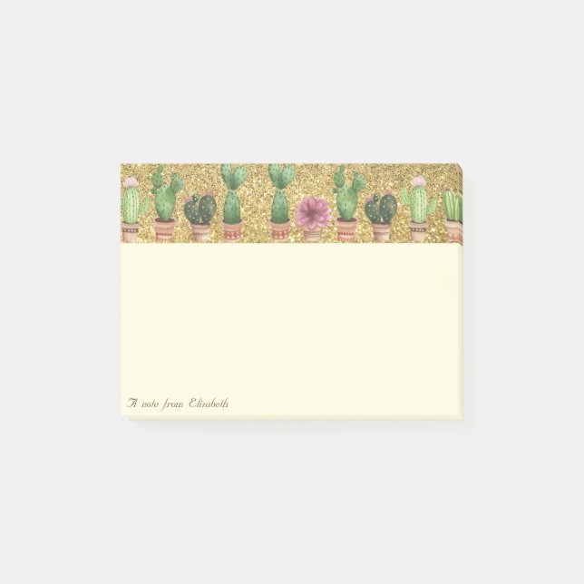 Elegant Stilfull, Guld Glitter,Kaktus Post-it Block (Framsida)