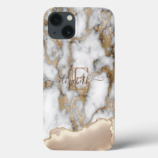 Elegant Stilfull Guld Glitter Kräm Marmor Monogram (Baksida)