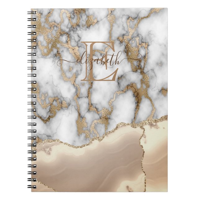 Elegant Stilfull Guld Glitter Kräm Marmor Monogram Anteckningsbok (Framsidan)