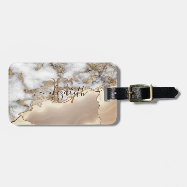 Elegant Stilfull Guld Glitter Kräm Marmor Monogram Bagagebricka (Horisontell Framsida)