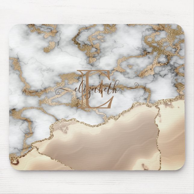 Elegant Stilfull Guld Glitter Kräm Marmor Monogram Musmatta (Framsidan)