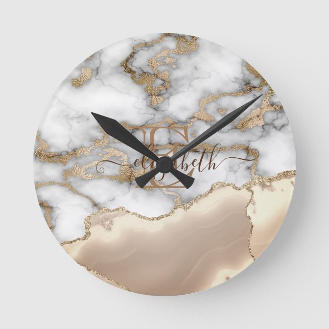 Elegant Stilfull Guld Glitter Kräm Marmor Monogram Rund Klocka (Framsida)