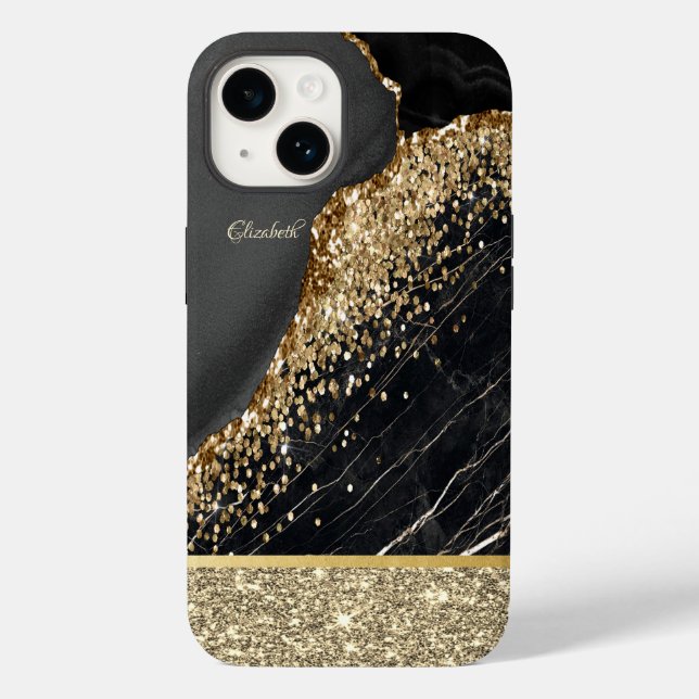 Elegant Stilfull Guld Glitter Sequins Svart Marmor (Baksida)