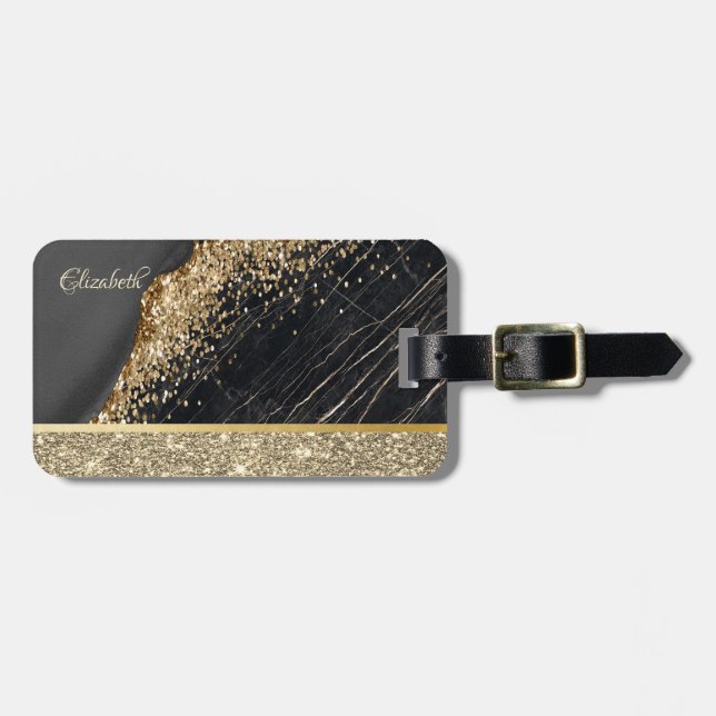 Elegant Stilfull Guld Glitter Sequins Svart Marmor Bagagebricka (Horisontell Framsida)