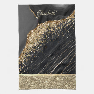 Elegant Stilfull Guld Glitter Sequins Svart Marmor Kökshandduk