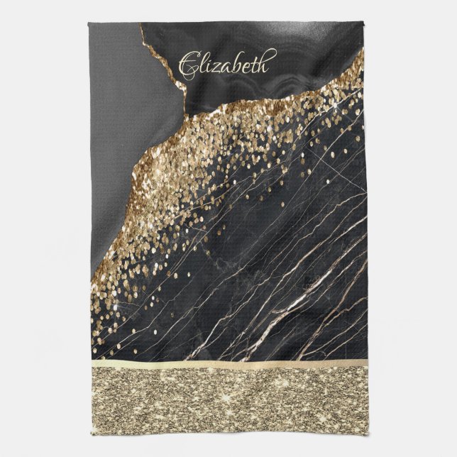 Elegant Stilfull Guld Glitter Sequins Svart Marmor Kökshandduk (Vertikal)