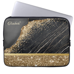 Elegant Stilfull Guld Glitter Sequins Svart Marmor Laptop Fodral