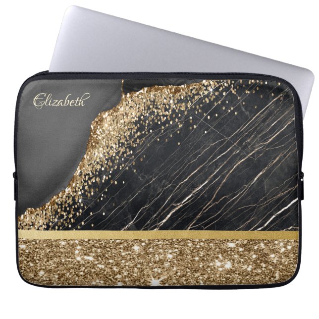 Elegant Stilfull Guld Glitter Sequins Svart Marmor Laptop Fodral (Framsidan)
