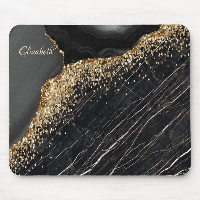 Elegant Stilfull Guld Glitter Sequins Svart Marmor Musmatta (Framsidan)