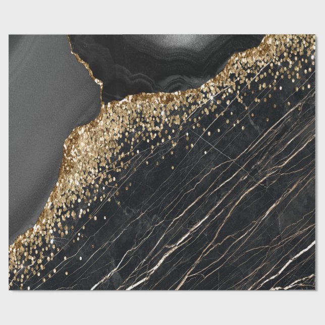 Elegant Stilfull Guld Glitter Sequins Svart Marmor Presentpapper (Platt)