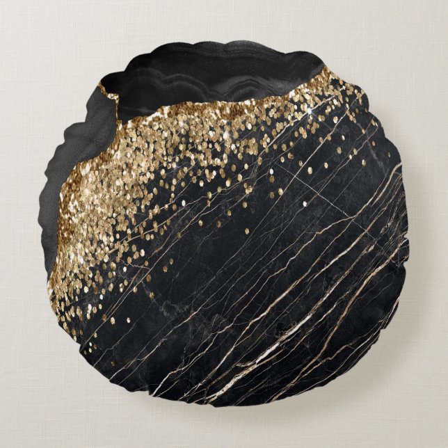 Elegant Stilfull Guld Glitter Sequins Svart Marmor Rund Kudde (Framsidan)