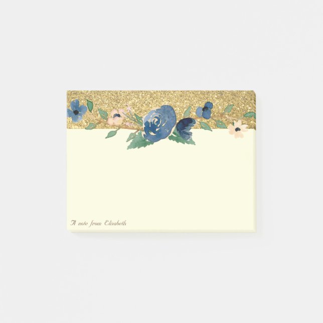 Elegant Stilfull, Guldglitter, Blommig Post-it Block (Framsida)