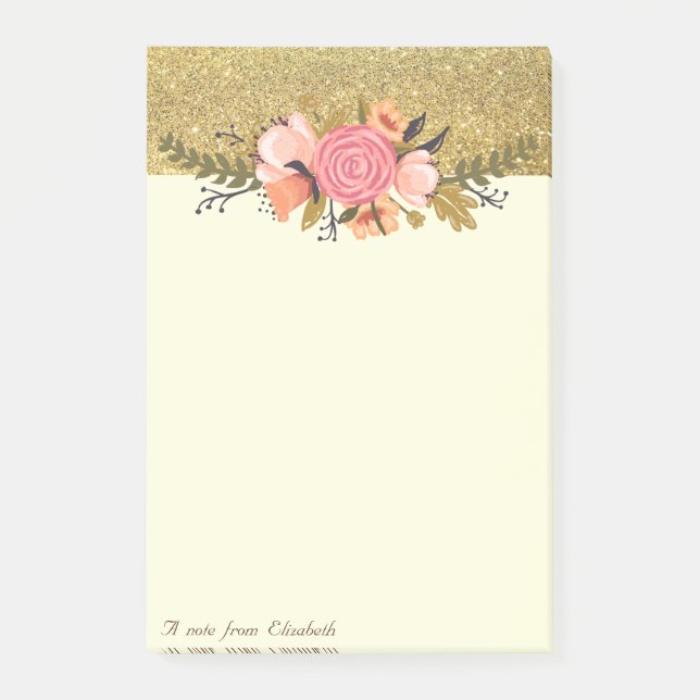 Elegant Stilfull, Guldglitter, Blommor Post-it Block (Framsida)