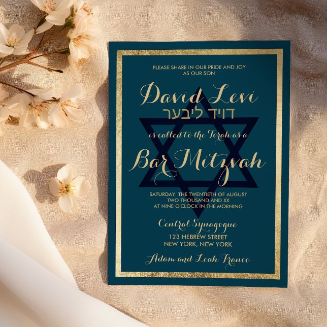 Elegant Stilfull Lila Blå Guld Bar Mitzvah Inbjudningar (Elegant Stylish Mauve Blue Gold Bar Mitzvah)