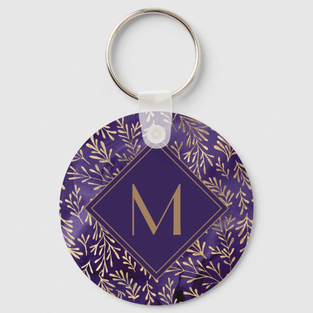Elegant Stilfull Lila Guldblad Monogram Nyckelring (Framsida)