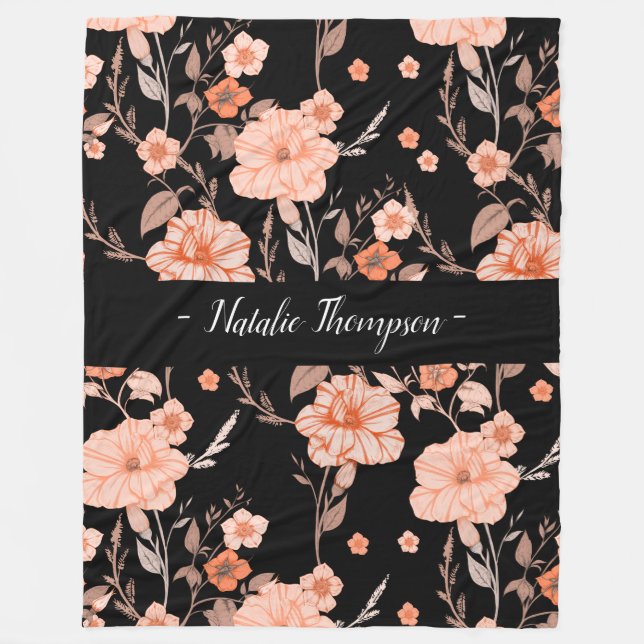 Elegant stilfull monokrom svart blommönster fleecefilt (Framsidan)