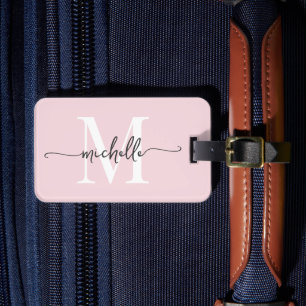 Elegant Stilfull Rosa Rosa Monogram Initial Skrift Bagagebricka