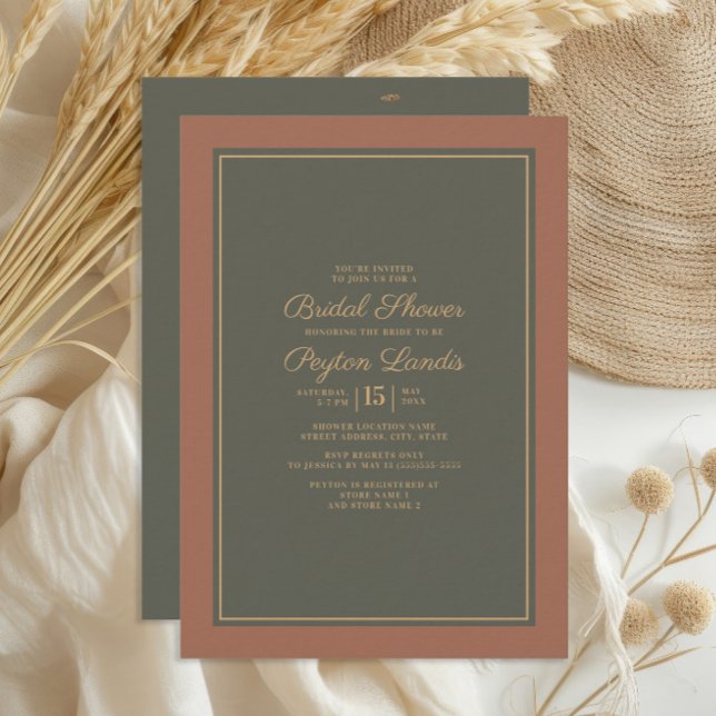 Elegant Stilfull Rost Moss Grön Höst Bröllop Inbjudningar (Burnt orange/terracotta and dark sage/olive green bridal shower invitation)