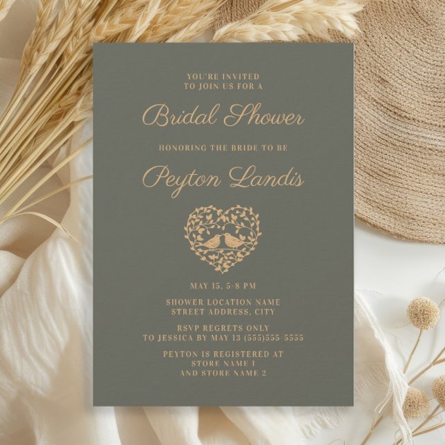 Elegant Stilfull Rost Mossgrön Höst Bröllopsinbjud Inbjudningar (Elegant olive/sage green and terracotta gold Love Birds bridal shower invitation)
