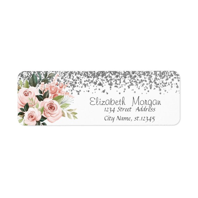 Elegant Stilfull Silver Diamanter Blommor Returadress Etikett (Framsidan)