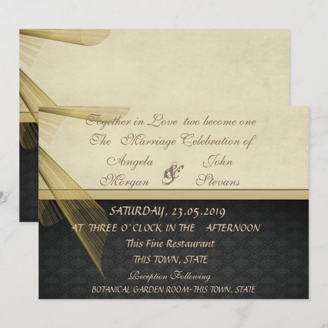 Elegant Stilfull Svart Damask Bröllopsinbjudan Inbjudningar (Fram/baksida)