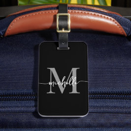 Elegant Stilfull Svart Grå Monogram Initial Skrift Bagagebricka