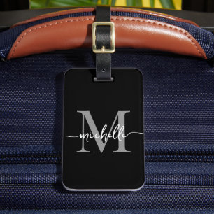 Elegant Stilfull Svart Grå Monogram Initial Skrift Bagagebricka