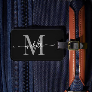 Elegant Stilfull Svart Grå Monogram Initial Skrift Bagagebricka