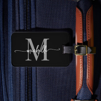 Elegant Stilfull Svart Grå Monogram Initial Skrift Bagagebricka