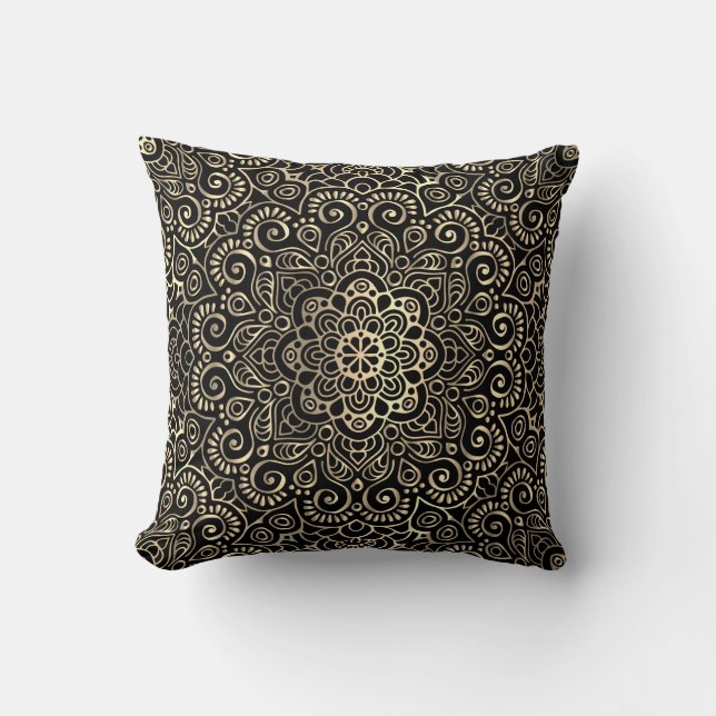 Elegant Stilfull Svart Guld Mandala Kudde (Framsida)
