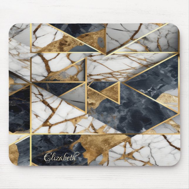 Elegant Stilfull Svart Guld Marmor Geometrisk Musmatta (Framsidan)