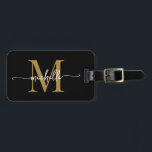 Elegant Stilfull Svart Guld Monogram Initial Skrif Bagagebricka<br><div class="desc">Tjejaktig Stilren Modern Elegant Svart och Guld Monogram Initial Namn Skript Anpassad Personlig Resväskemärke. Denna design har ett förnamn i en snygg handskriven svansfont med kalligrafi (eller typografi) med monograminitial, adressinformation i guld och vitt på svart. Dessa är lätta att anpassa. Stilrent feminint presentalternativ för bröllop, bröllopsfest, 16-årsdag, examen och...</div>