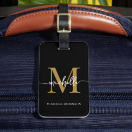 Elegant Stilfull Svart Guld Monogram Initial Skrif Bagagebricka