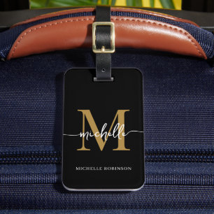 Elegant Stilfull Svart Guld Monogram Initial Skrif Bagagebricka