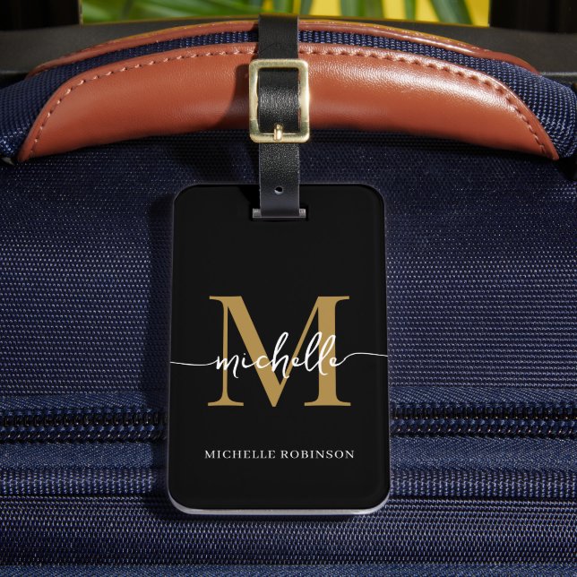 Elegant Stilfull Svart Guld Monogram Initial Skrif Bagagebricka (Framsida Insitu 2)
