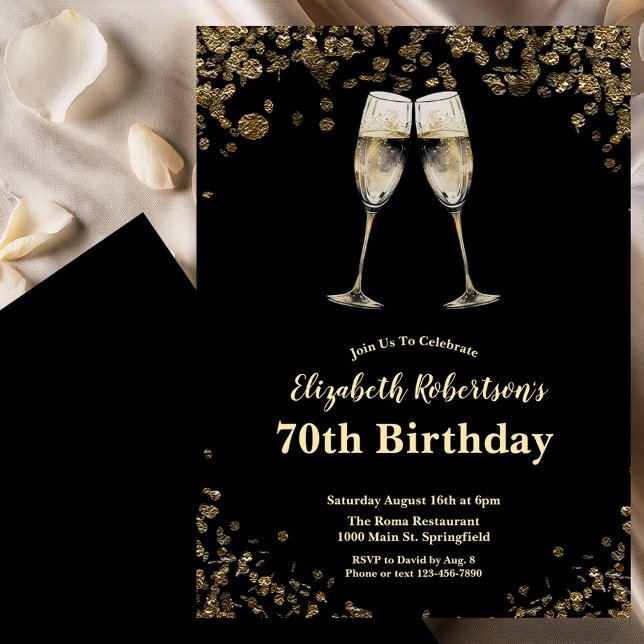 Elegant Stilfull Svart och Guld 70-årsdag  Inbjudningar (Skapare uppladdad)