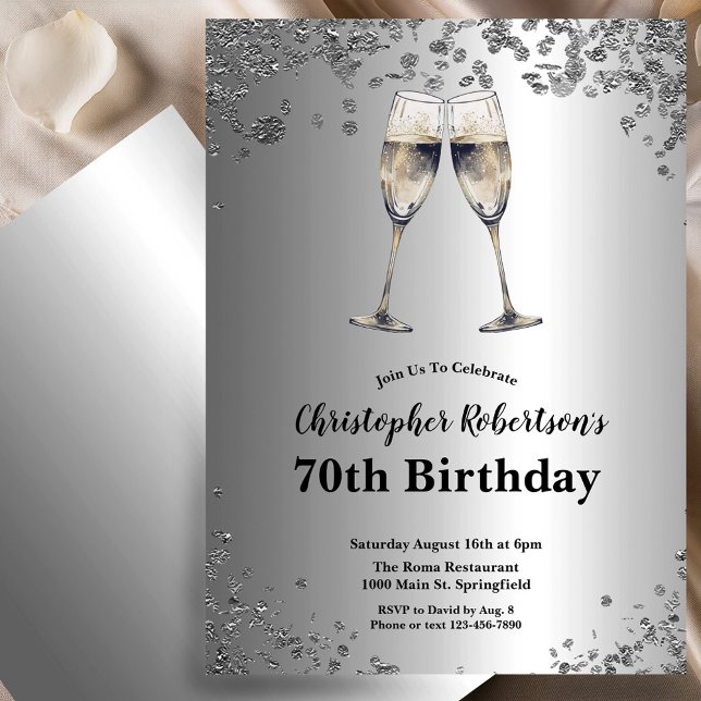 Elegant Stilfull Svart och Silver 70-årsdag  Inbjudningar (Skapare uppladdad)
