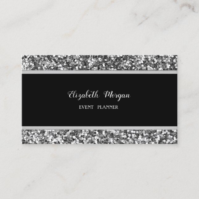 Elegant Stilfull, Svart, Silver Glitter Visitkort (Framsida)